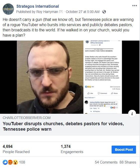 Facebook post: YouTuber disrupts church services